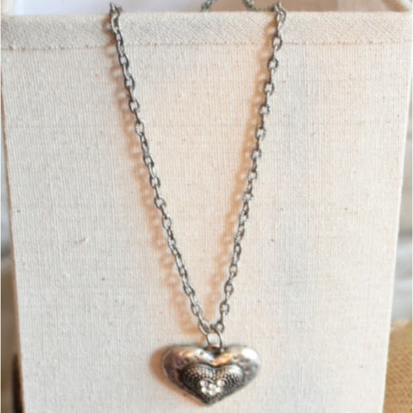 Antique Silver Tone and Rhinestone Heart Chain Necklace - Picture 2 of 2